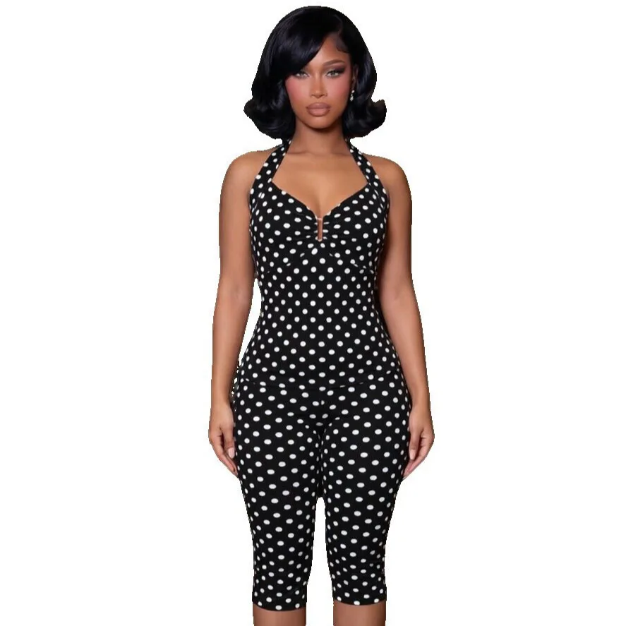 

Sexy Jumpsuit for Women Polka Dot Print Halter Neck Backless Back Cross Tie Up Bodycon Rompers Date Night Club Outfits