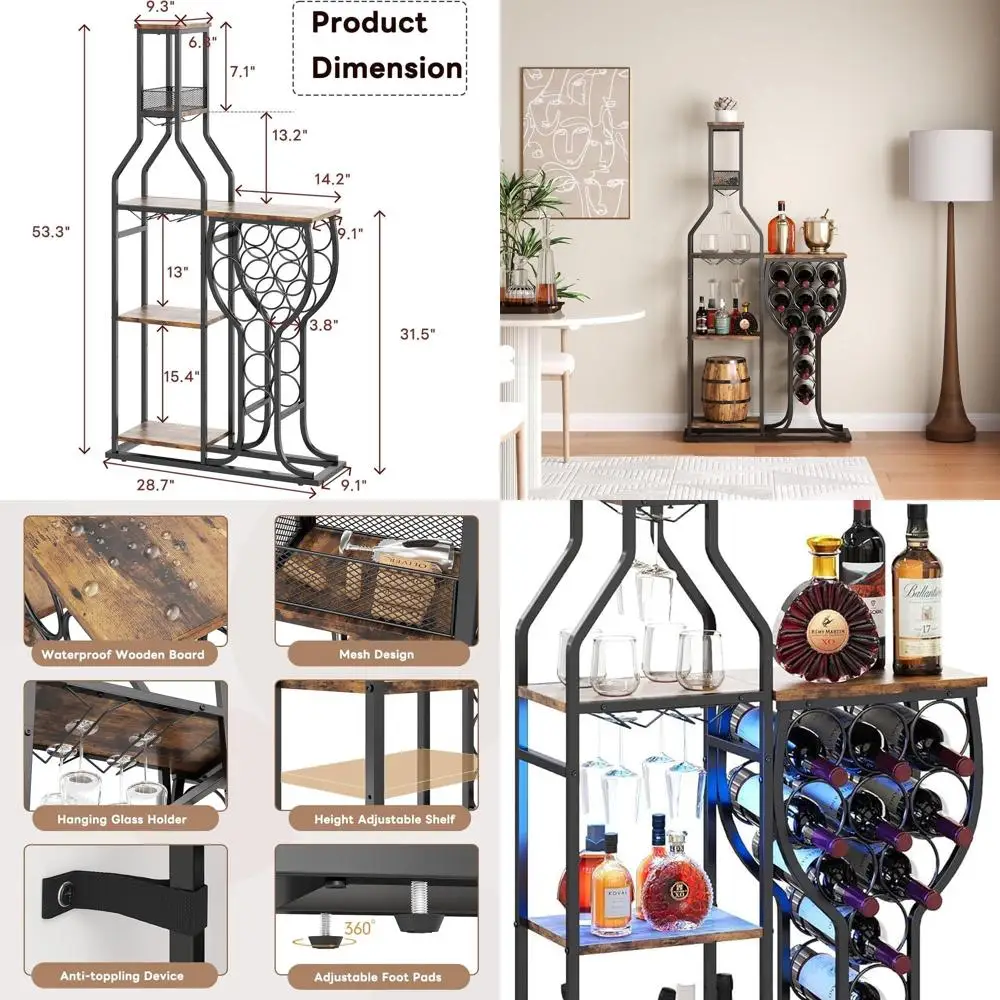 

5-Shelf Freestanding Wine Rack with Glass Holder and Storage, Mini Home Bar Stand for 11 Bottles, Living Room/Kitchen Decor