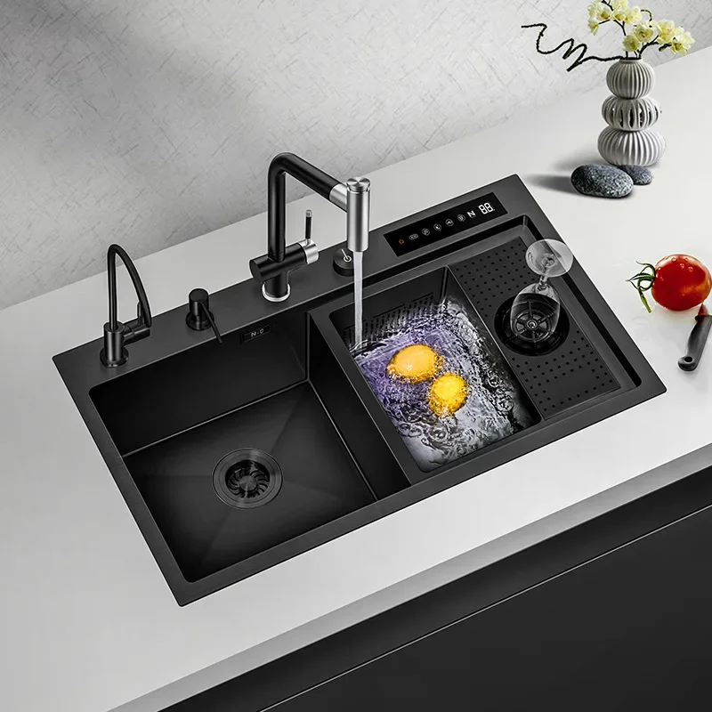 

Kitchen Sink Double Sink Fruit and Vegetable Purification and Disinfection Dishwasher 304 Stainless Steel Nano Black