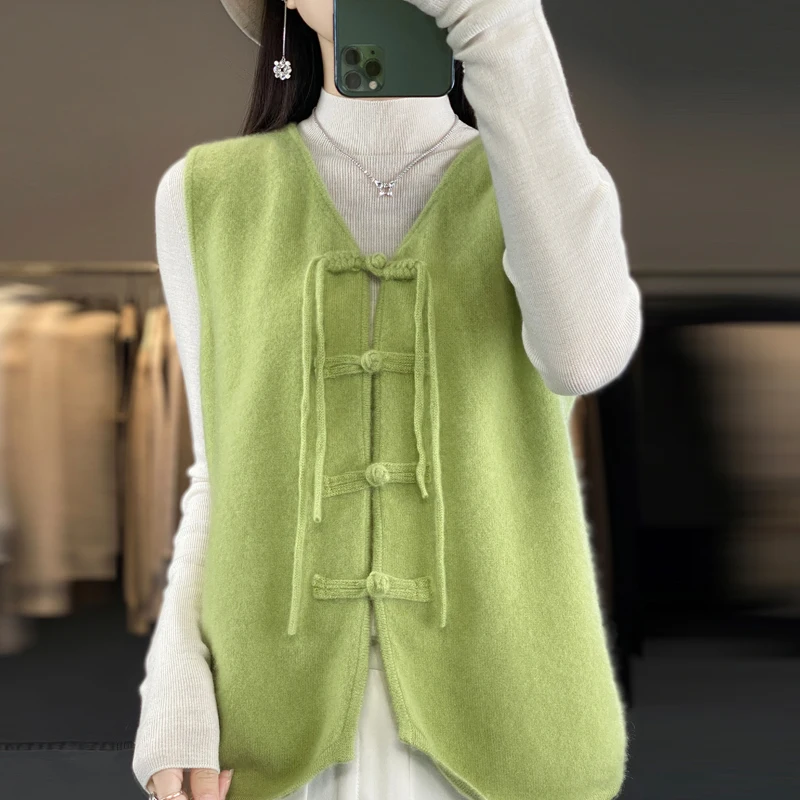 Autumn Winter New Chinese Style Vintage Plate Buckle 100 Pure Wool Vest Cardigan Women V-neck Solid Color Knitted Woolen Sweater