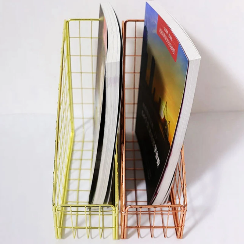 2X Rose Gold Electroplated Iron Book Holder Desktop Shelf File Magazine Book Stand Office Stationery Organizer Holder