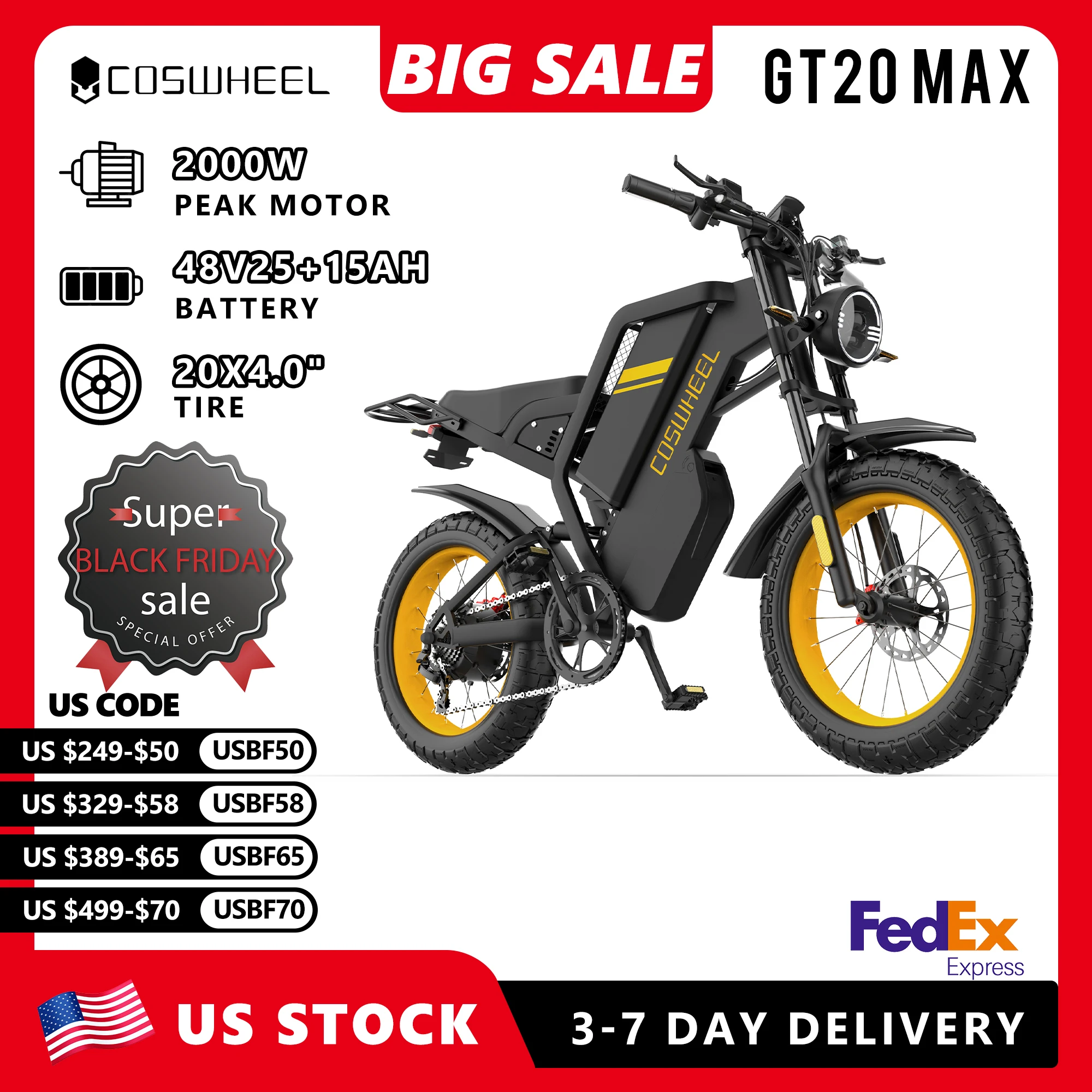 

COSWHELL Electric Bicycle 2000W PEAK Motorcycle GT20 MAX Electric Bike 60V 40AH Dual Batteries Tire All-Terrain 7 Speed E Bike