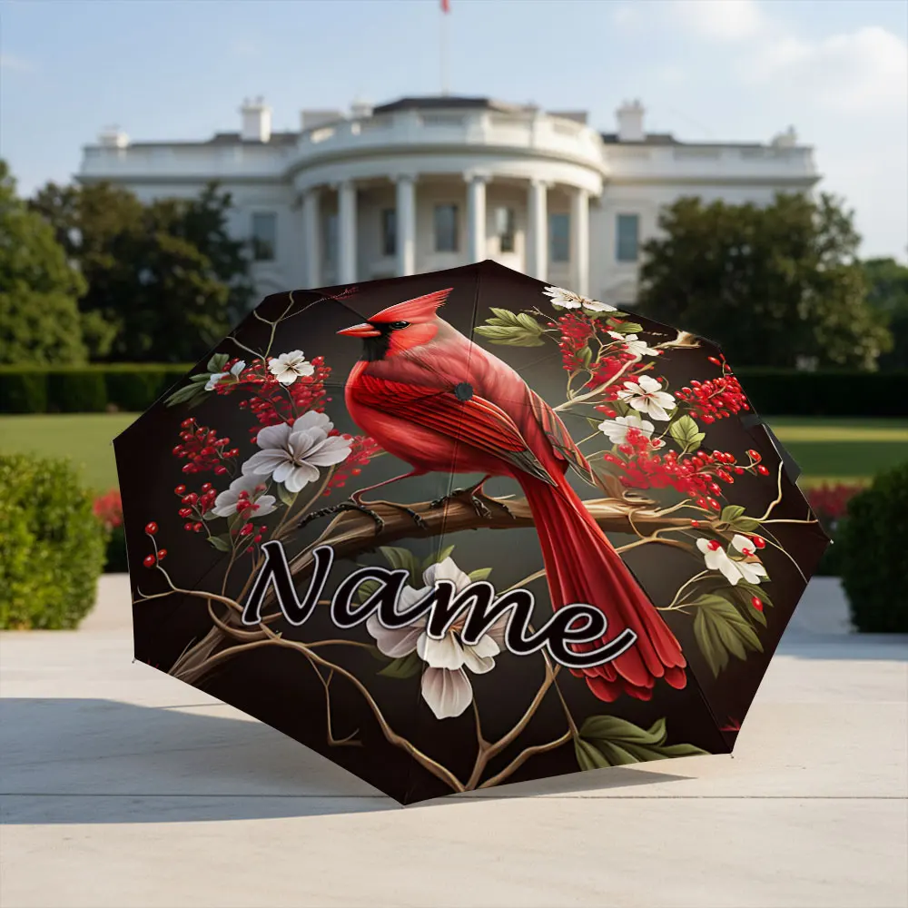 Custom Name Umbrella Northern Cardinal Bird Branch Berry Floral Print Folding Umbrella Compact Portable Travel Parasol