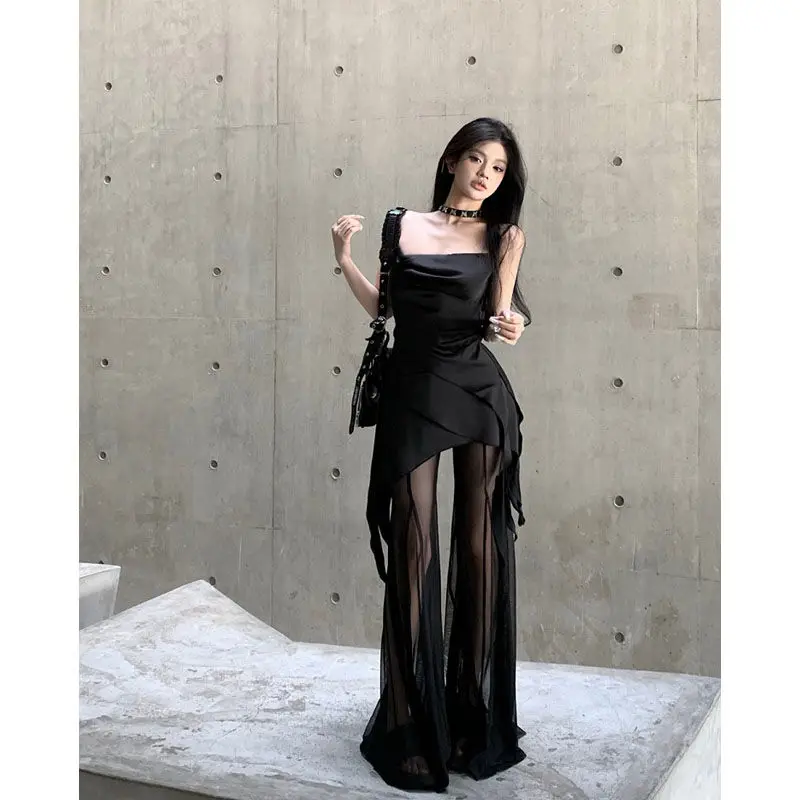 HOUZHOU Black See Through Mesh Flare Pants set pantaloni Sexy in pizzo da donna a gamba larga con Tank coreano Streetwear abito a due pezzi