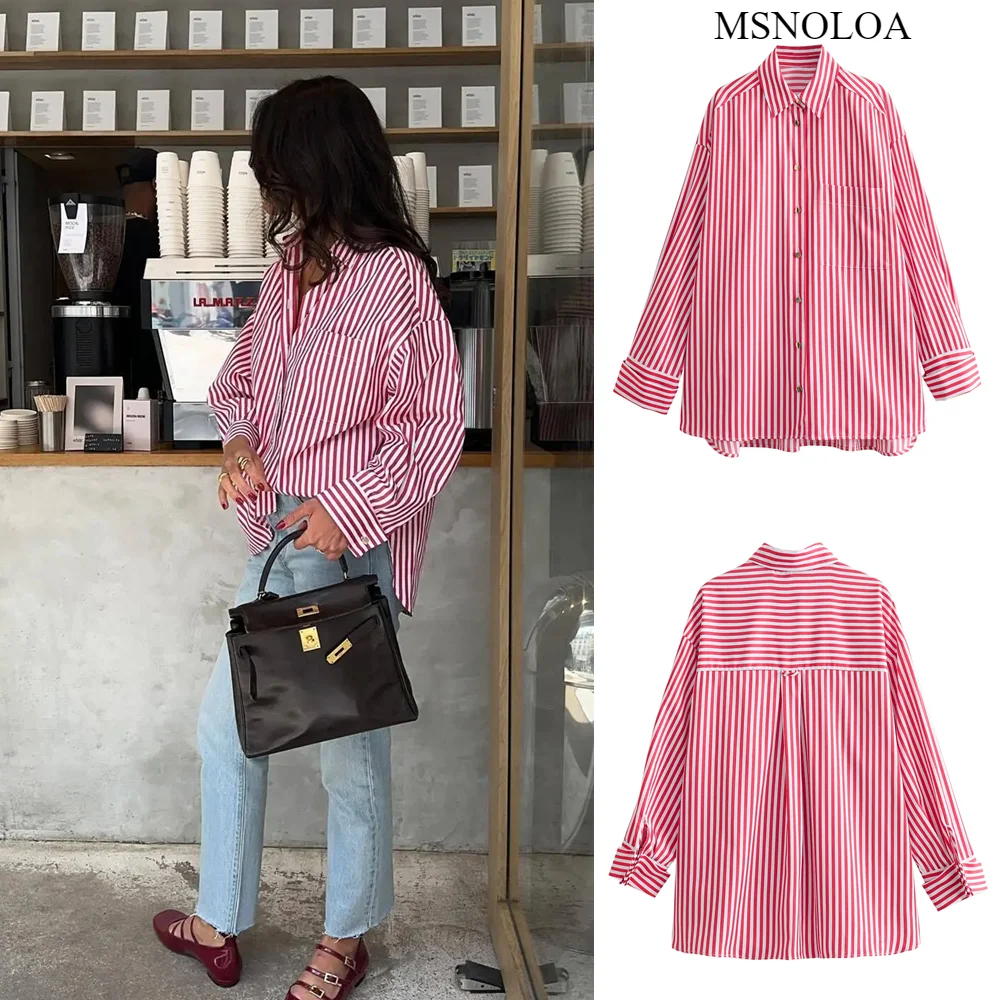 MSNOLOA Casual Striped Print V Neck Shirts Women Long Sleeve Oversized Office Lady Shirts Fashion 2023 Summer Autumn Blouses Top