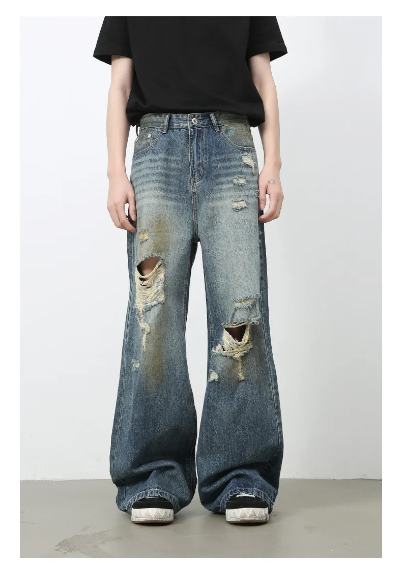 

2025 new American retro ripped zipper design mopping jeans men's washed loose straight wide-leg pants trendy street fashion