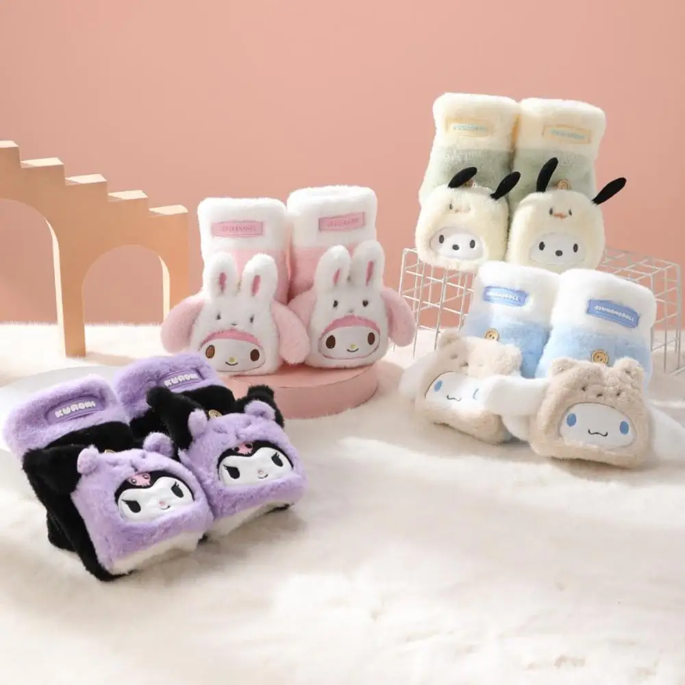 Kawaii kuromi cinnamoroll luvas de pelúcia flip-top sanrio anime melodia inverno engrossar quente macio luvas meninas estudante festival presente