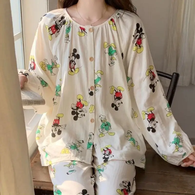 

Pajama Set for Girls Spring and Autumn Gauze Long Sleeved Trousers Home Wear Ladies Cartoon Fashion Sweet Cardigan Two Piece Set