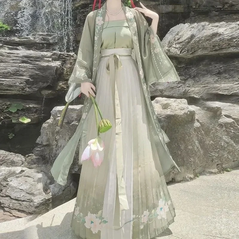 

Women's Song Dynasty Hanfu three-piece set, Chinese style ancient clothing, spring and summer green performance clothing