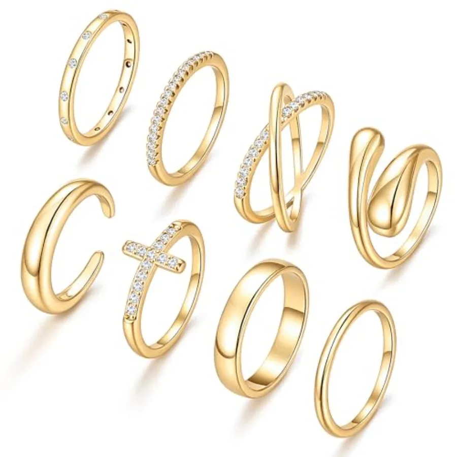 

iF YOU Non Tarnish Chunky Gold Rings for Women, 14K Gold Plated Dainty Stackable Cross Cubic Zirconia Ring Set, Knuckle Stackin