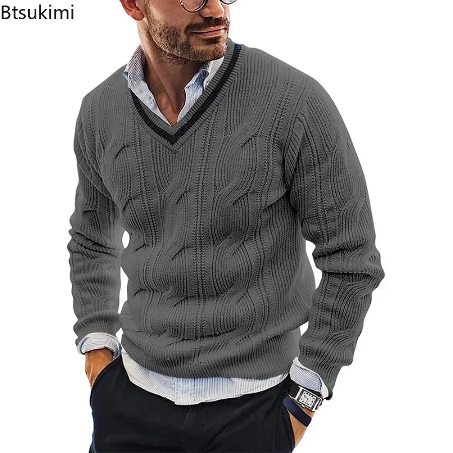 New2025 męski zimowy sweter z dzianiny dekolt w serek swetry z dzianiny Club Party solidna szczupła ciepła dzianina swetry męskie Streetwear topy