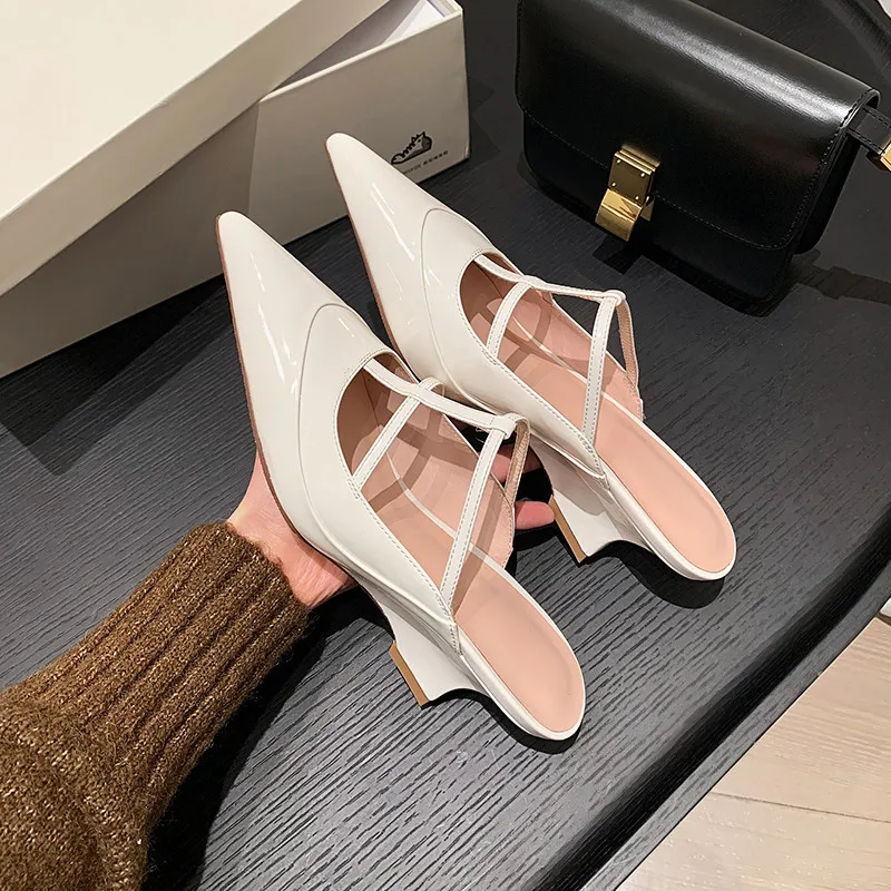 

MKKHOU Fashion Pumps New High Quality Genuine Leather Thin Belt Pointed Slope Heel High Heels Sandals Slippers Women's Shoes