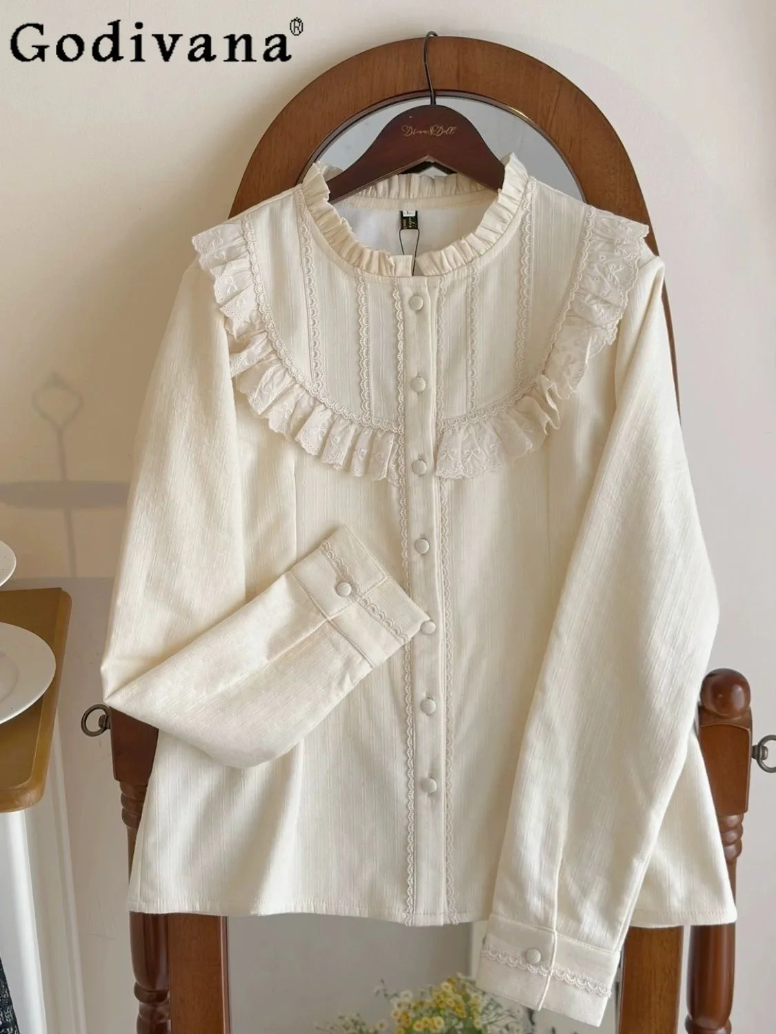 

Japanese Style Original Lolita Sweet Girl Stand Collar Long Sleeve Fleece Shirt 2025 Autumn Winter New Versatile Lace Top
