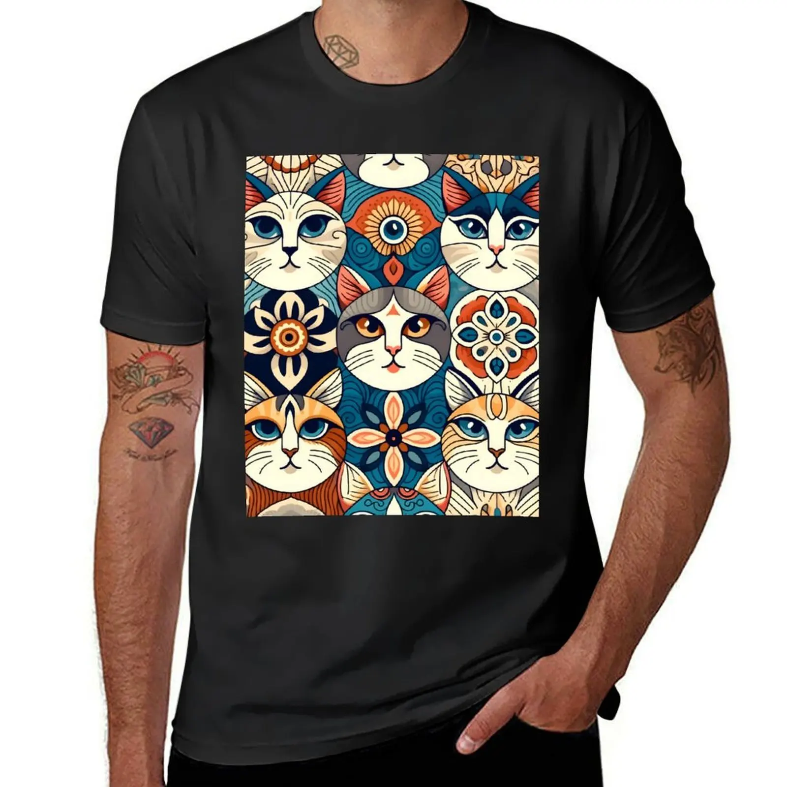 Folk Art Cat Illustration - Whimsical Feline Pattern Artwork T-Shirt Blouse plus size tops mens graphic t-shirts anime