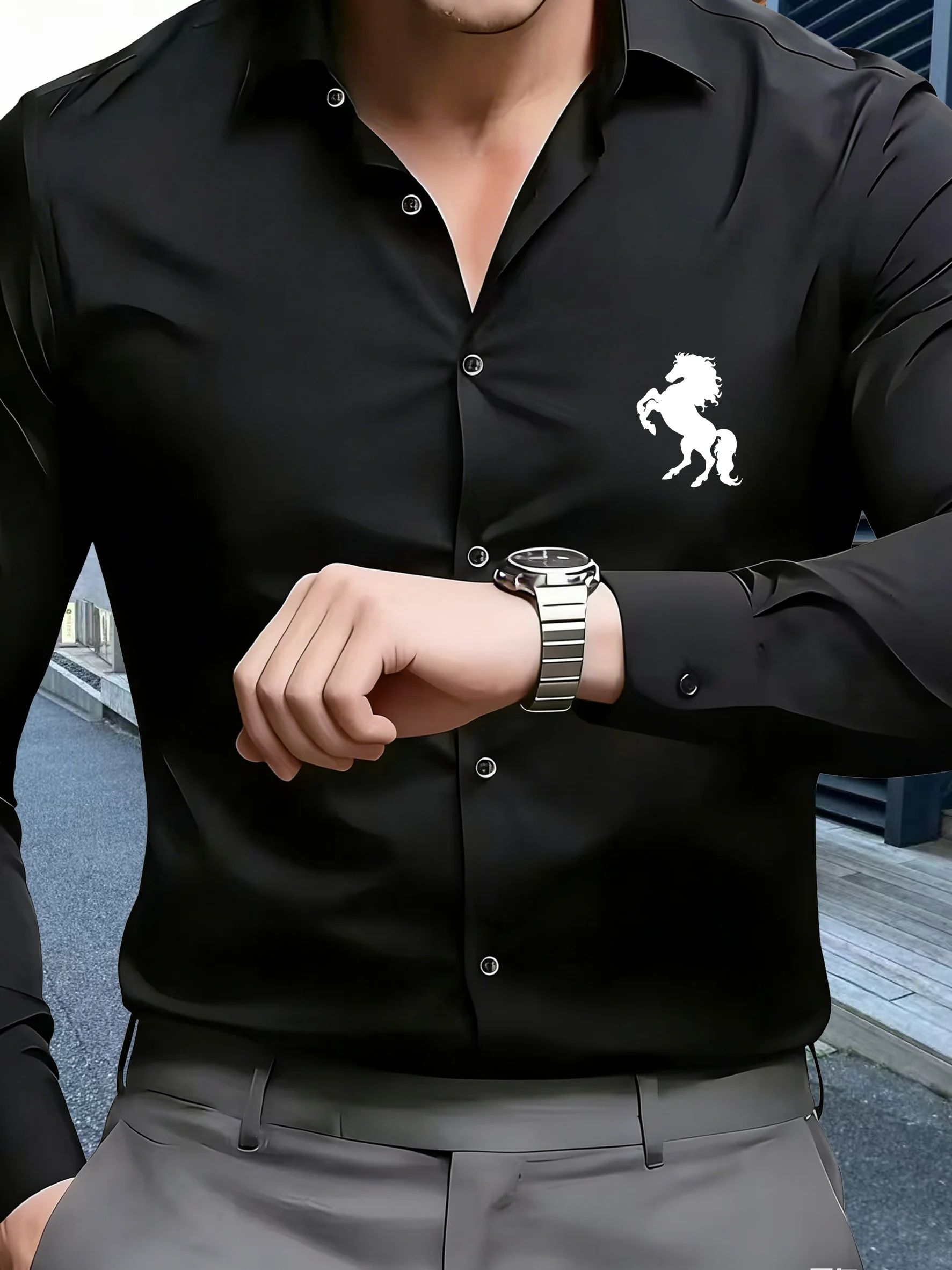 Neues Herren-Business-Casual-Langarmhemd mit Pferdemotiv, knitterfrei und bequem, ganzjährig tragbares, vielseitiges Oberteil.