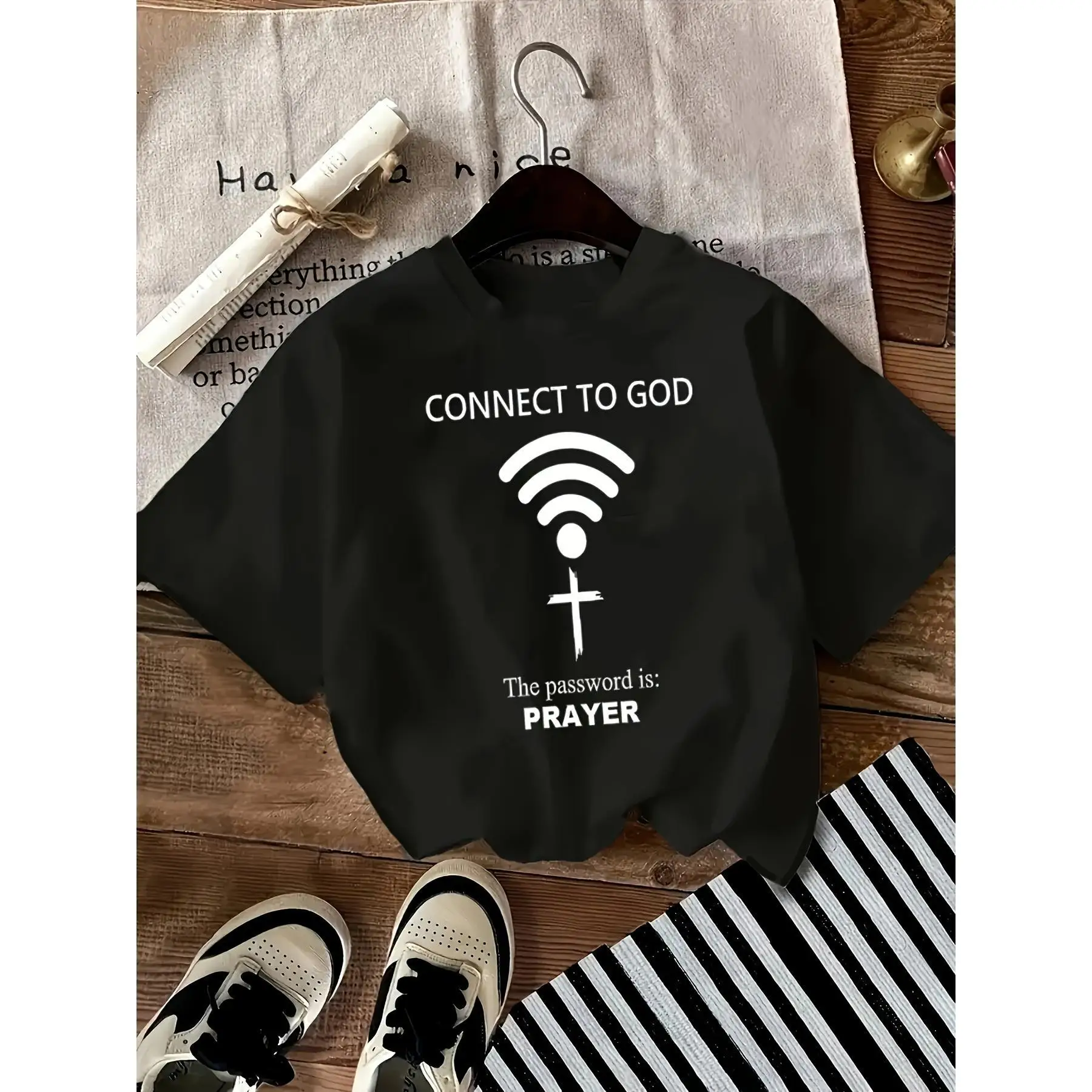 

Women'S Classic T-Shirt- "Connected With God" Design, With A Cross And Wi-Fi Pattern, Comfortable And Breathable, Suitable For S
