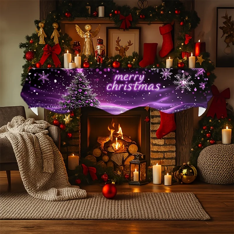 VIKAMA Christmas Fireplace Mantel Scarf Purple Starry Xmas Tree Mantel Topper Xmas Fireplace Shelf Cover Winter Home Decor