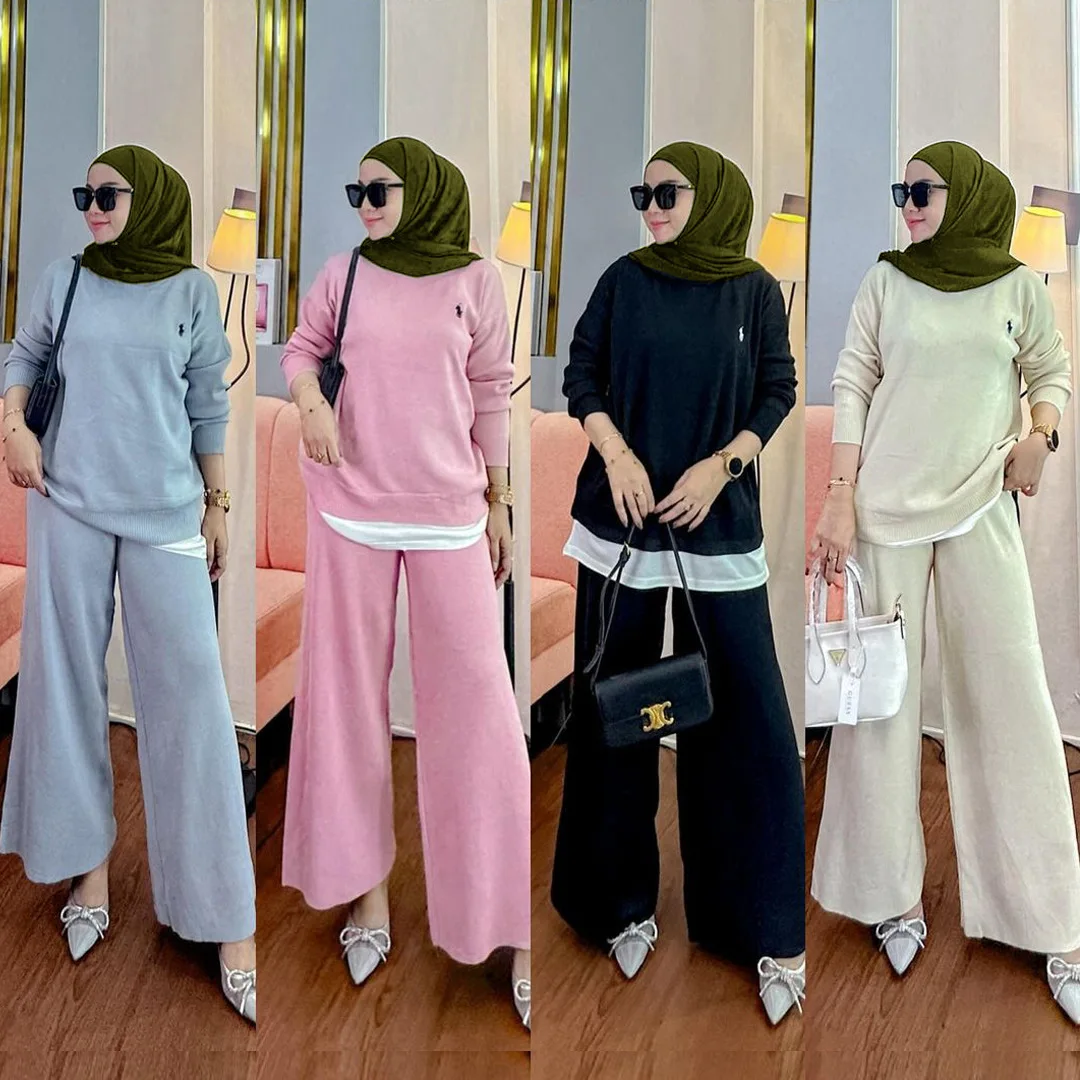 

M293# Muslim Women's Malaysia Wide Leg Pants Color Blocked Loose Casual Top Knitted Set Abaya Ramadan Dubai Luxury Islam Elegant