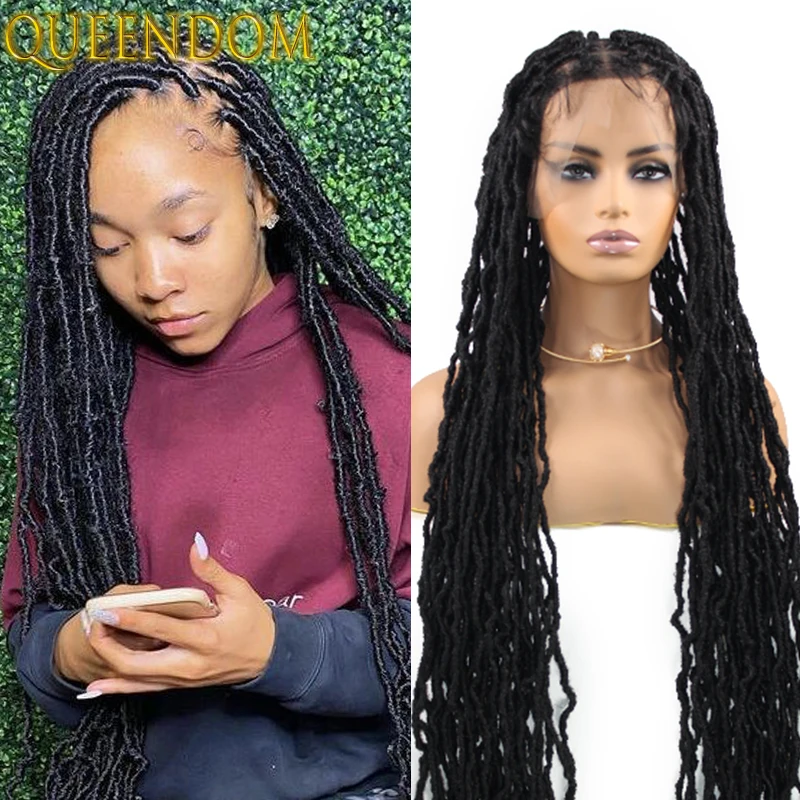 

40'' Full Lace Faux Locs Crochet Braid Wig Butterfly Pre Looped Distressed Dreadlocks Braided Wig Synthetic Box Braids Twist Wig