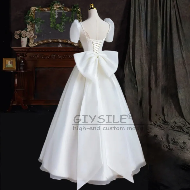 GIYSILE فستان زفاف من الساتان 2025 فستان زفاف خفيف جديد جو قصر عتيق بسيط أنيق صديرية دائرية كم قصير حزام الظهر
