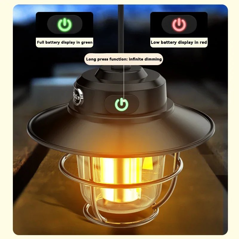Led Campinglamp Retro Hangende Tentlamp Draagbare Traploze Dimmen Kampeerlamp Waterdichte Oplaadbare Noodlantaarn