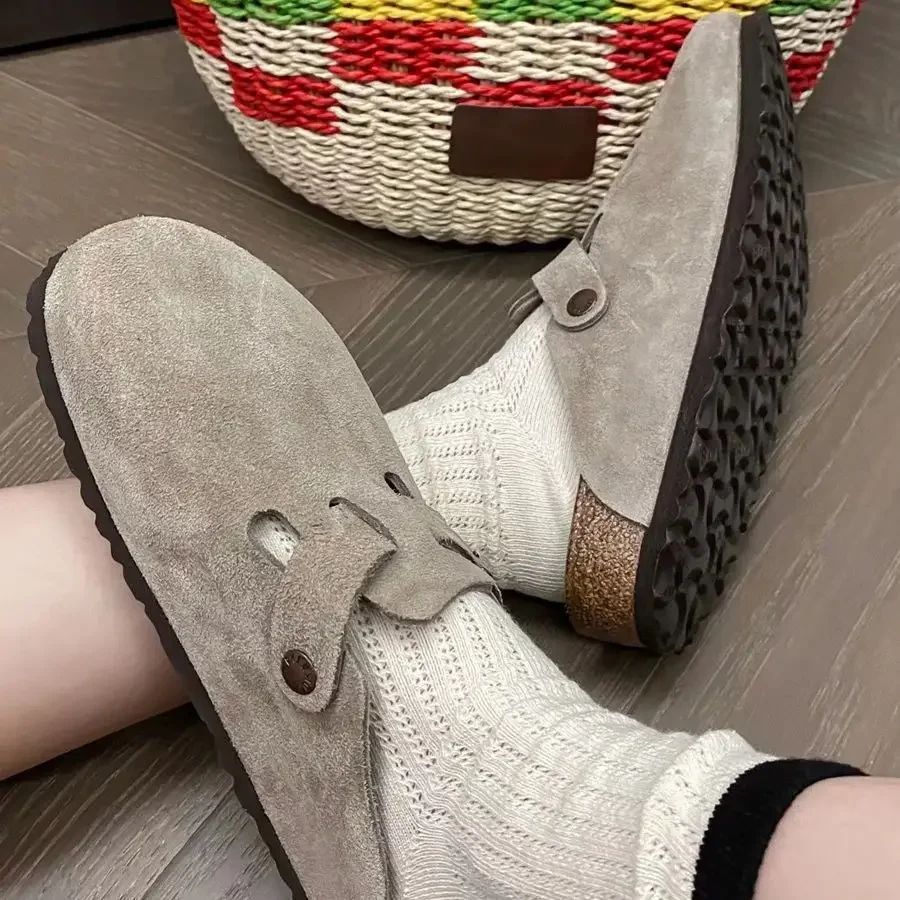

2024 New Cowhide Versatile Retro Leather Half-drag Cork Women's Flat-bottomed Outer Wear Casual Bag Head Birkenstocks Sandals