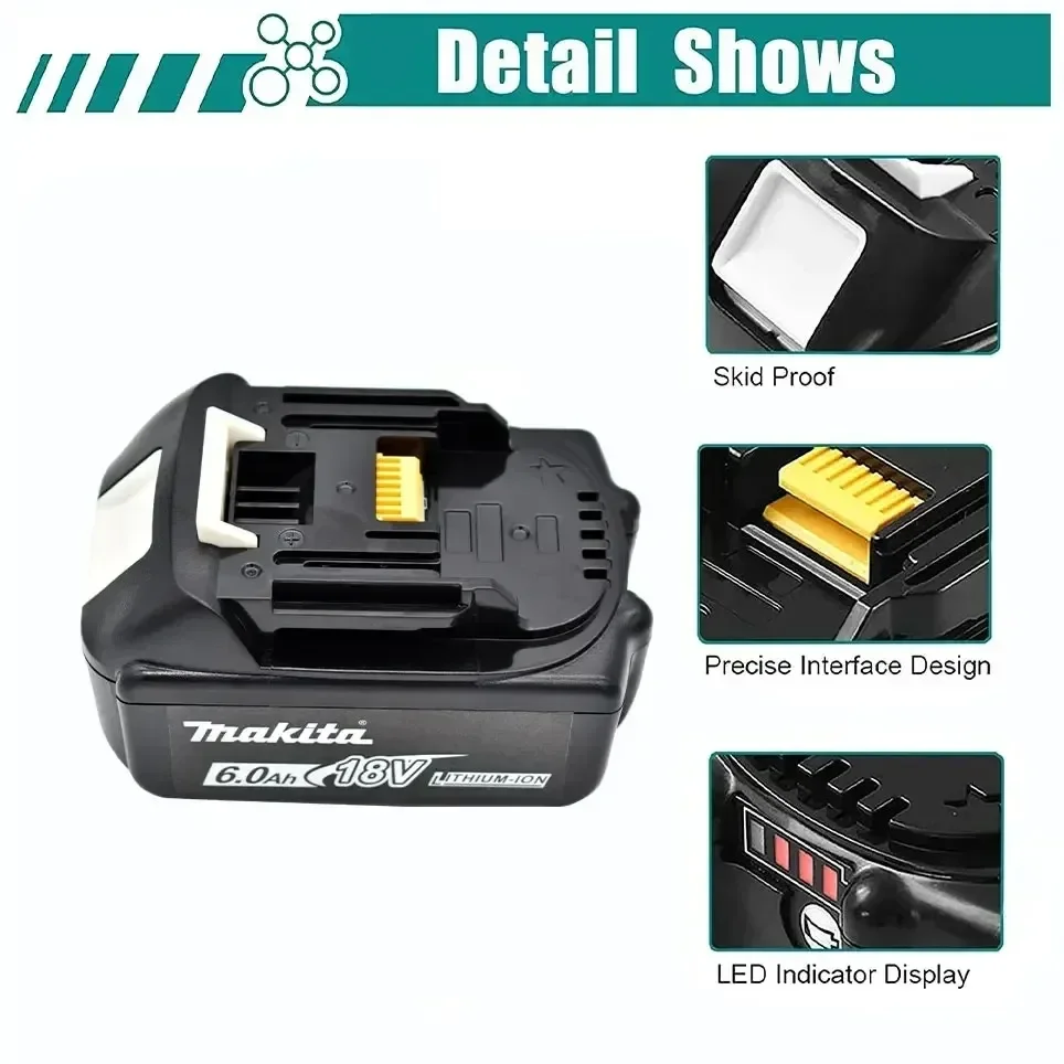 Original Makita 18V Rechargeable Power Tool Battery, Replaceable LED Lithium-ion, 6.0 Ah 18V LXT BL1860B BL1860 BL1850 BL1830