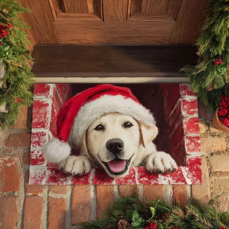 VIKAMA Santa Claus Peeking Over Brick Wall Welcome Mat Funny Christmas 3D Look Entrance Rug for Front Door Holiday Home Decor