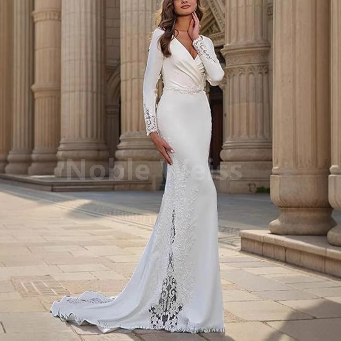 

Elegant V-neck Satin Wedding Dress with Lace Appliques for Bride customized