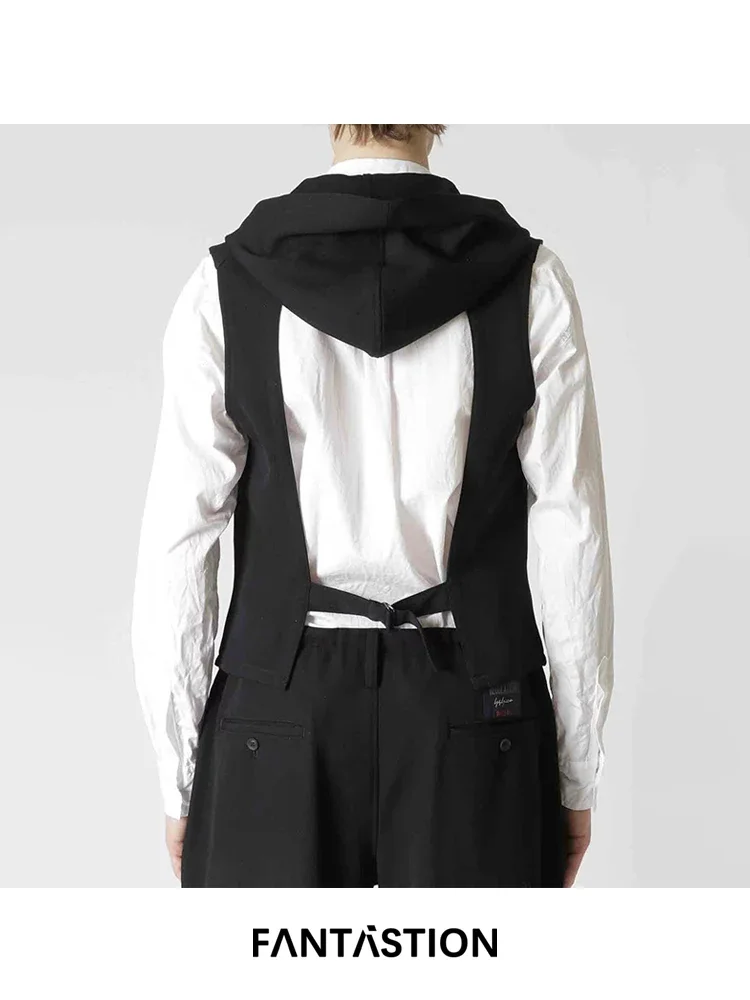 FANTASTION Gilet con cappuccio d'avanguardia con ritaglio posteriore scolpito, giacca slim vestibilità regolabile per gilet da abito da indossare ogni giorno conciata