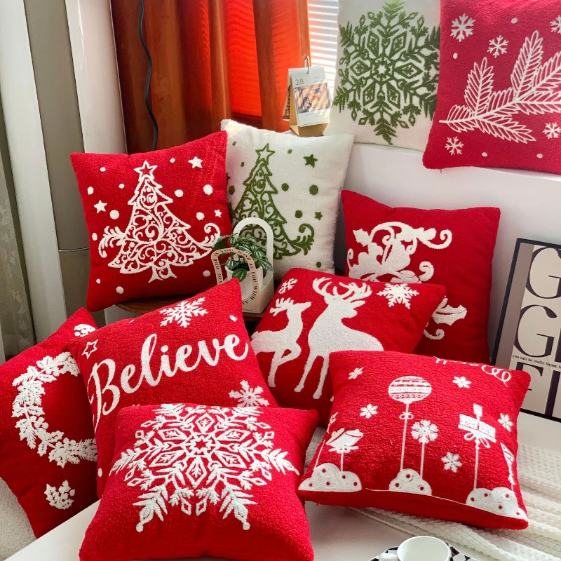 

Christmas Elk Snowflake Throw Pillows Cover Sofa Headrest Chair Cushion Cover Christmas Tree Home Decor Plush Pillowcase Navidad