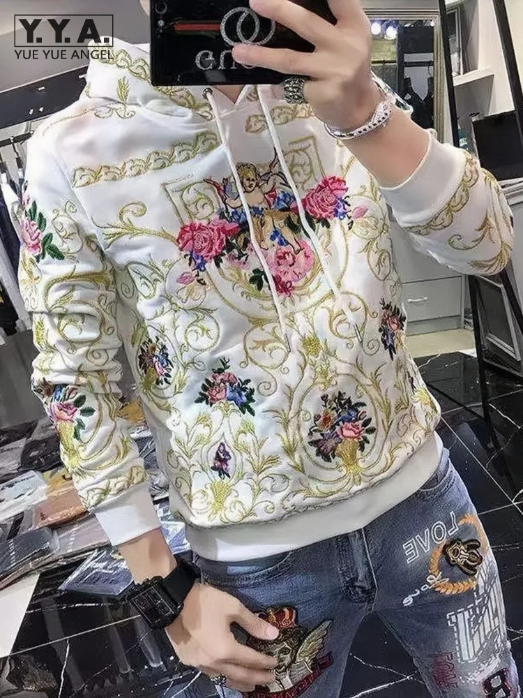 

Runway Men Sweatshirt Designer Embroidery Floral Long Sleeve Hoodies Fashion Vintage White Pullover Tops Lovers Streetwear