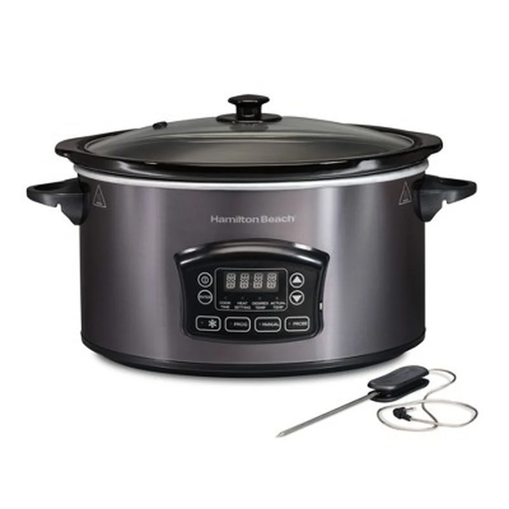 6Qt Programmable Slow Cooker with Temperature Probe Automatic Keep Warm Defrosts Frozen Meat Cooks Safely Family Size 7 Plus
