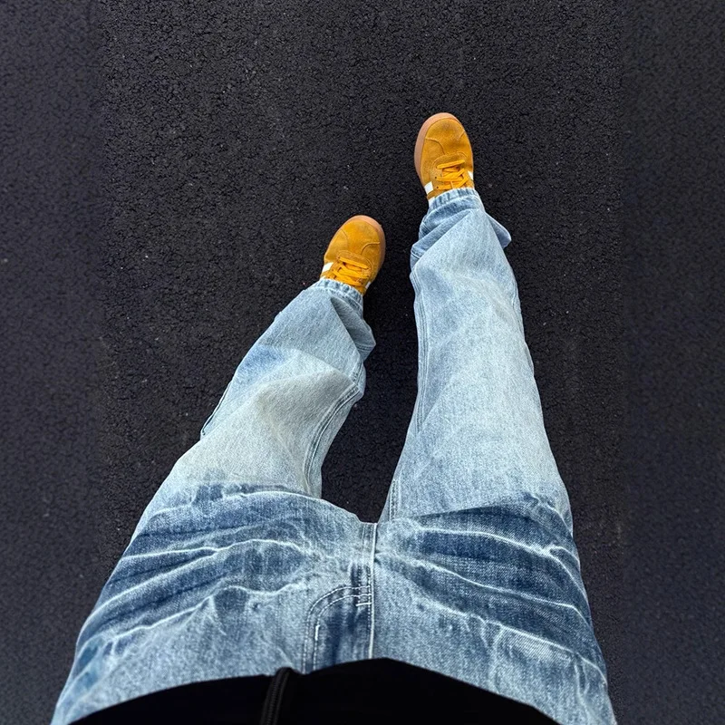 

Light Blue Lightning Pattern Jeans Men's Autumn Slim-fitting and Thin Pants Washed Straight Slightly Overalls Man Scimitar Pants