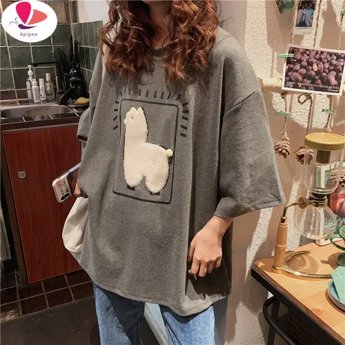 APIPEE Cartoon Alpaca Animal Printed Casual Loose Oversize Korean Style 2024 Summer Short Sleeve Women Top Female T-shirts