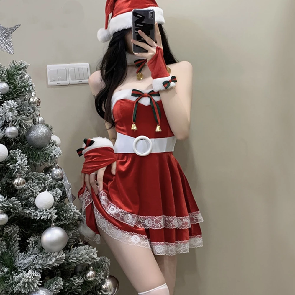 Disfraz de Papá Noel para mujer, minivestido Sexy de terciopelo rojo, uniforme de sirvienta, regalo de Navidad, Otoño e Invierno