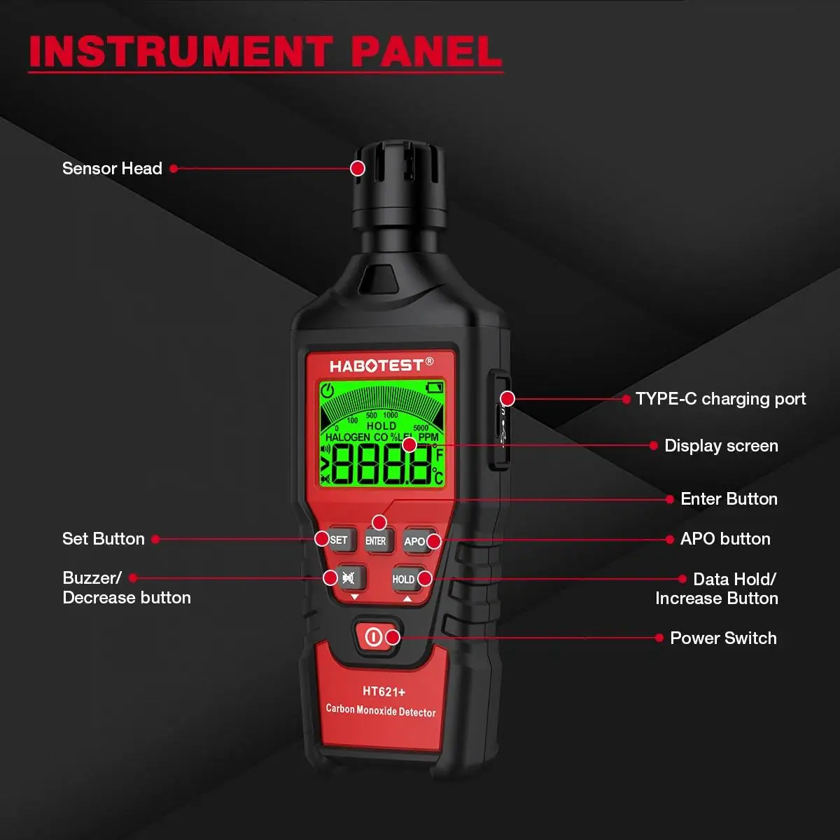 HABOTEST HT621 + مقياس أول أكسيد الكربون مع جهاز اختبار غاز ثاني أكسيد الكربون عالي الدقة كاشف قياس الصوت والضوء إنذار 0 ~ 5000ppm
