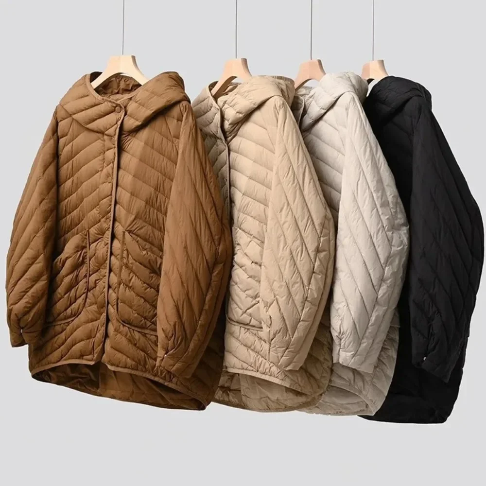 라이트 화이트 덕 다운 코트 울트라 2025 뉴 스프링 가을 다운 재킷 여성용 포켓 드롭 숄더 슬리브 오버사이즈 퍼퍼 재킷