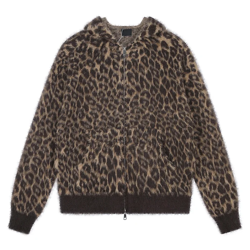 Men's Fashion Leopard Knitted Sweater Hooded Jumpers Drop Shoulder Design Autumn Winter Knitwear Cardigans Outerwear