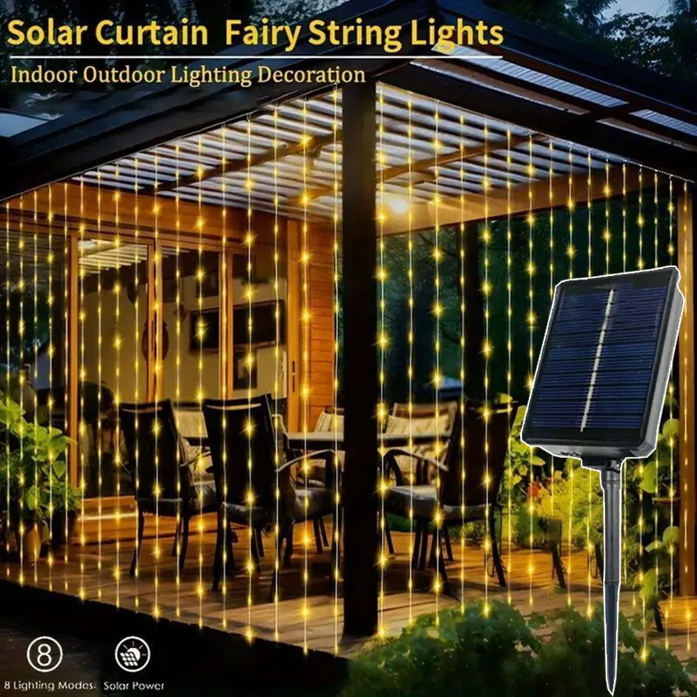 Solar Powered LED Curtain String Lights 8 Modes Perfect for Party Wedding and Garden Decorations Outdoor Christmas Solar Lamp