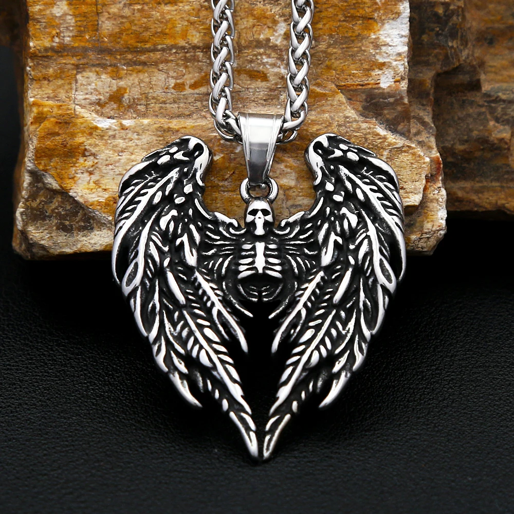Neue 316L Edelstahl Schädel Mit Engel Flügel Anhänger Halsketten Für Männer Jungen Gothic Hip Hop Biker Schmuck Geschenke Dropshipping