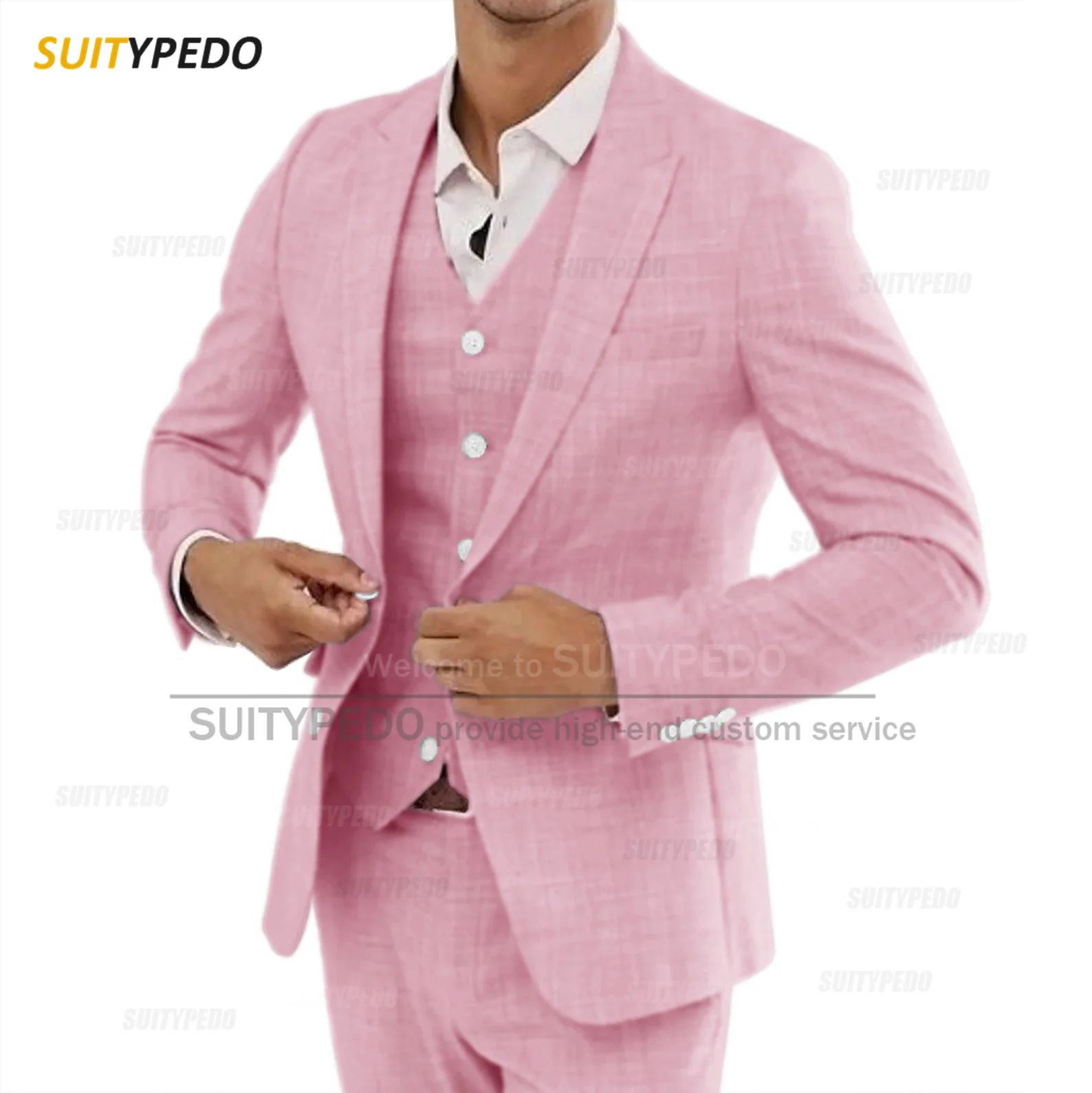 Newest Pink Linen Suit For Men Casual Party Classic Blazer Vest Pants 3 Pieces Holiday Travel Tailor-made Fashion Male Outfits