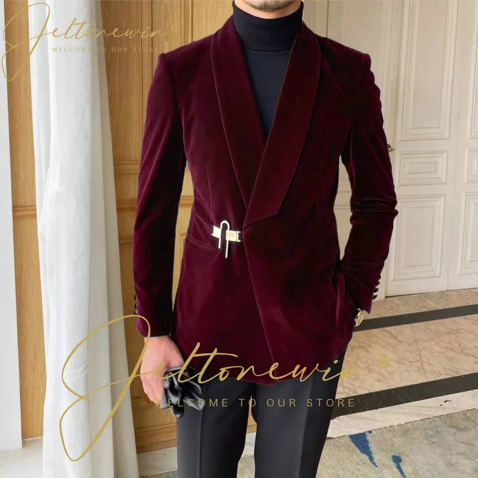 

JELTONEWIN 2022 Latest Coat Pant Designs Burgundy Velvet Men Suit Formal Double Breasted Wedding Suits Custom Groom Prom Tuxedo