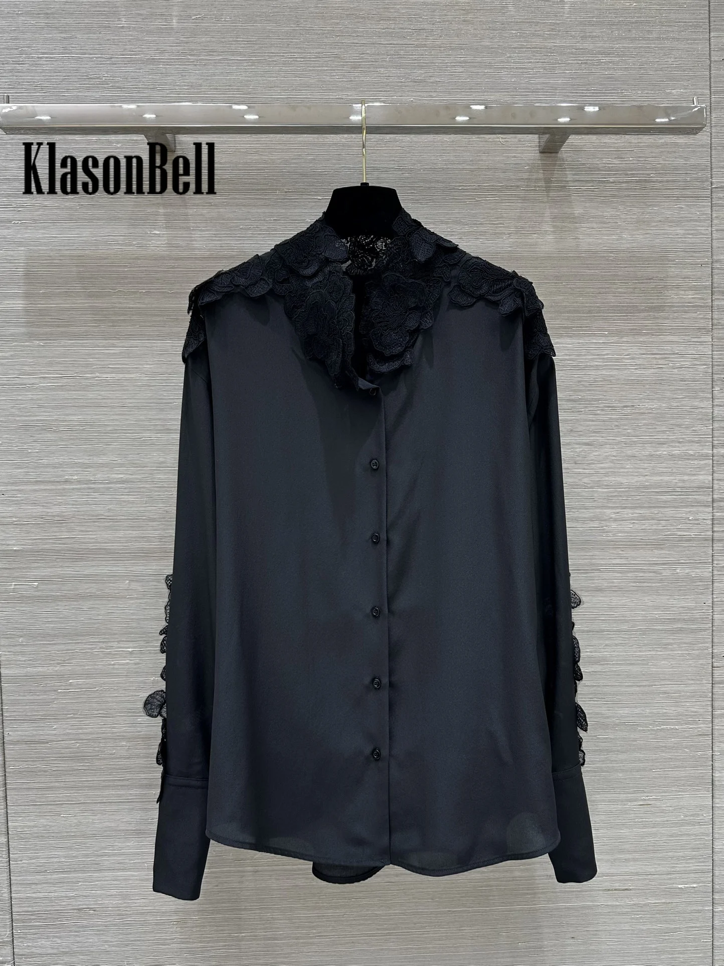 8.22 KlasonBell Women Embroidered Flower Lace Spliced Silk Long Sleeve Shirt Single Breasted Loose Blouse Black White 2 Color