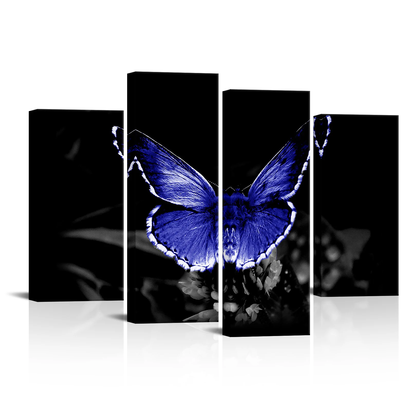 

4 Pieces Blue Butterfly Wall Art Poster Butterfly on Flowers Print Canvas Painting Modern Style Picture Living Room Home Decor