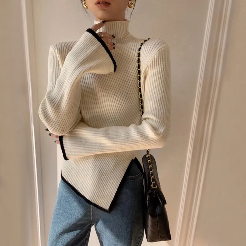سترة محبوكة بياقة عالية للنساء لخريف وشتاء نمط فضفاض تصميم غير منتظم مريح كسول موضة أوائل الخريف #3