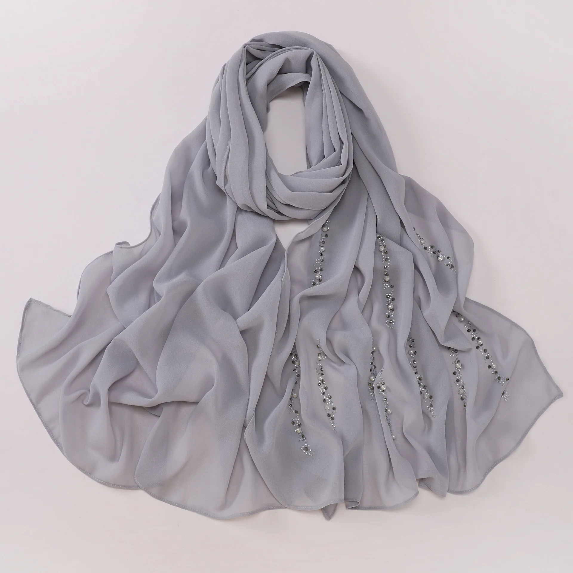 

16-цветный шифоновый длинный шарф с бриллиантами и бисером, Малайзийский платок, мусульманский хиджаб, женские шали с запахом, банданы, повязка на голову, Bufanda Foulard