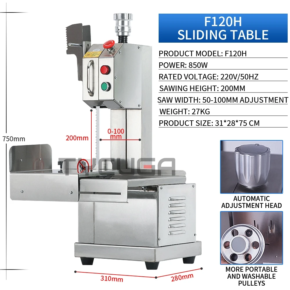 Macchina da taglio per sega per ossa di carne 850W con tavolo scorrevole Taglierina per sega per bistecche di ossa da tavolo commerciale per costole di maiale congelate
