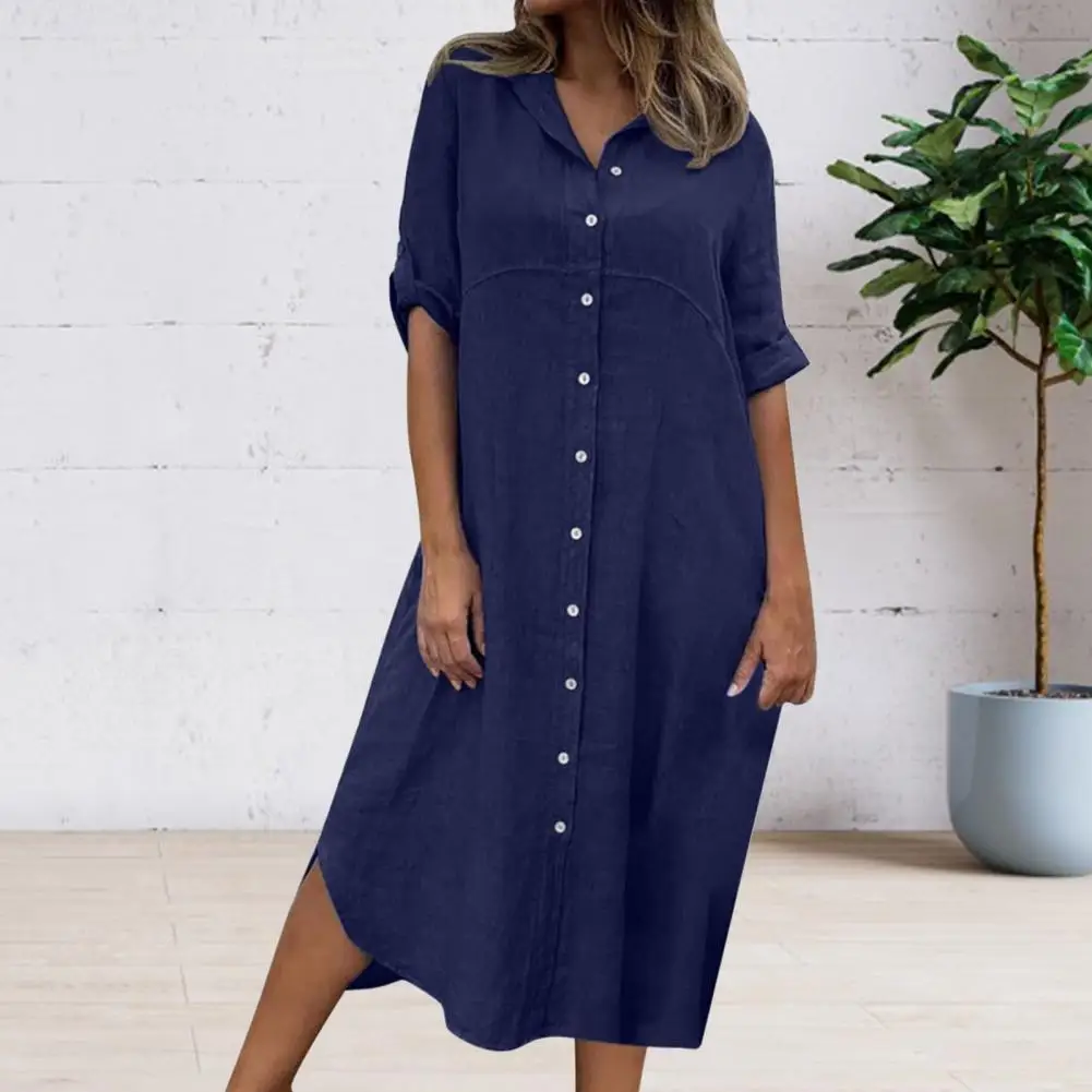 

Women Lapel Dress Stylish Summer Midi Dress Chic Single-breasted Half Sleeves Loose Fit Turn-down Collar for Wear Commute Women