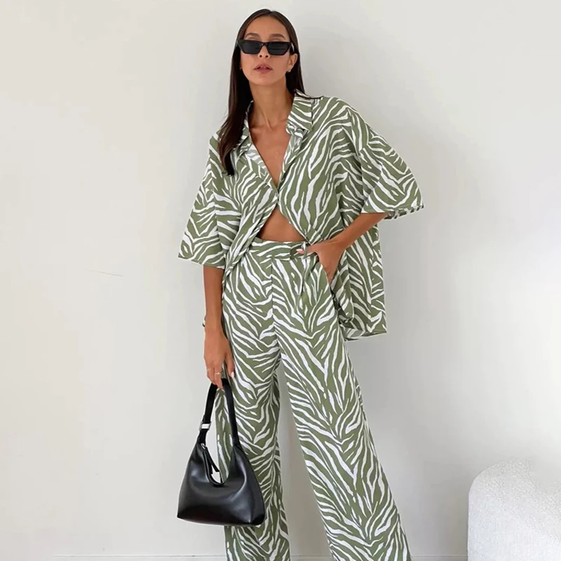 Summer Loose Zebra Print 2 Piece Home Sets Women Outfit 2023 Elegant Short Sleeve Shirts Matching High Waist Pants Set Female